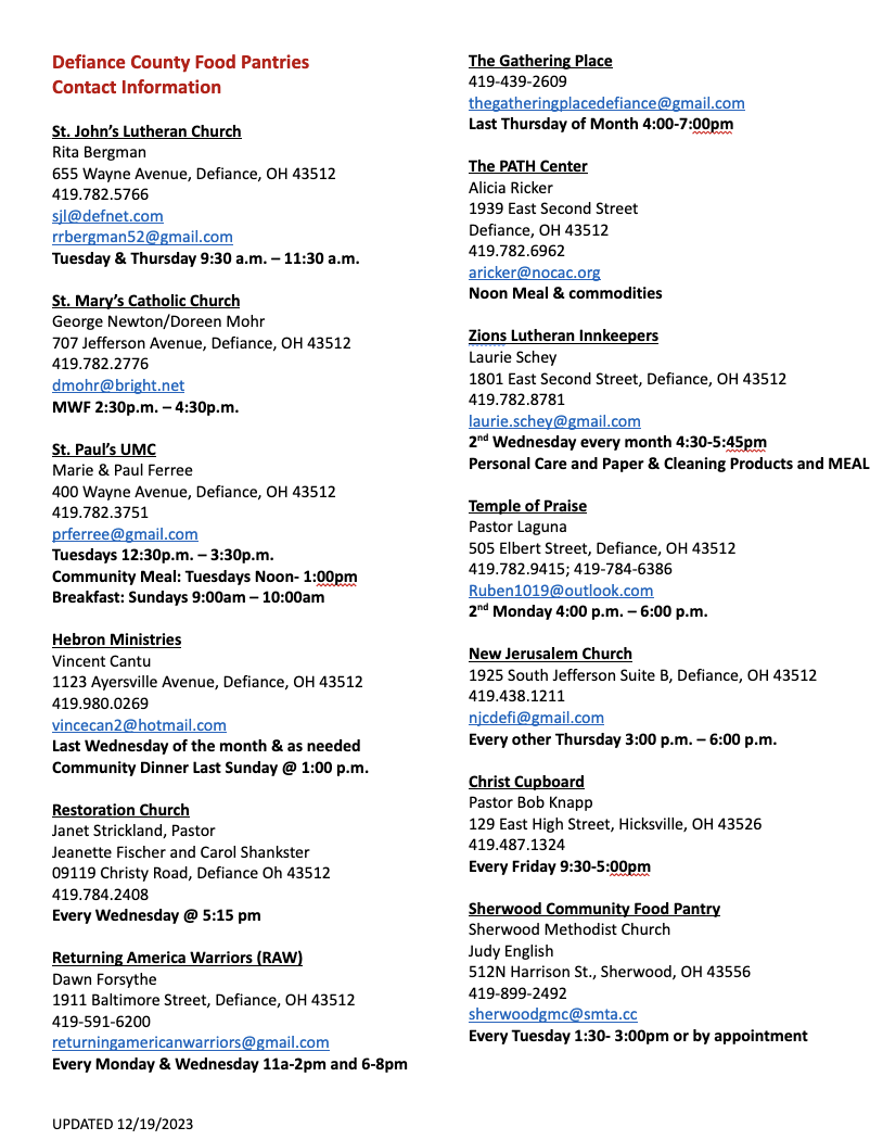 Food Pantries United Way of Defiance County